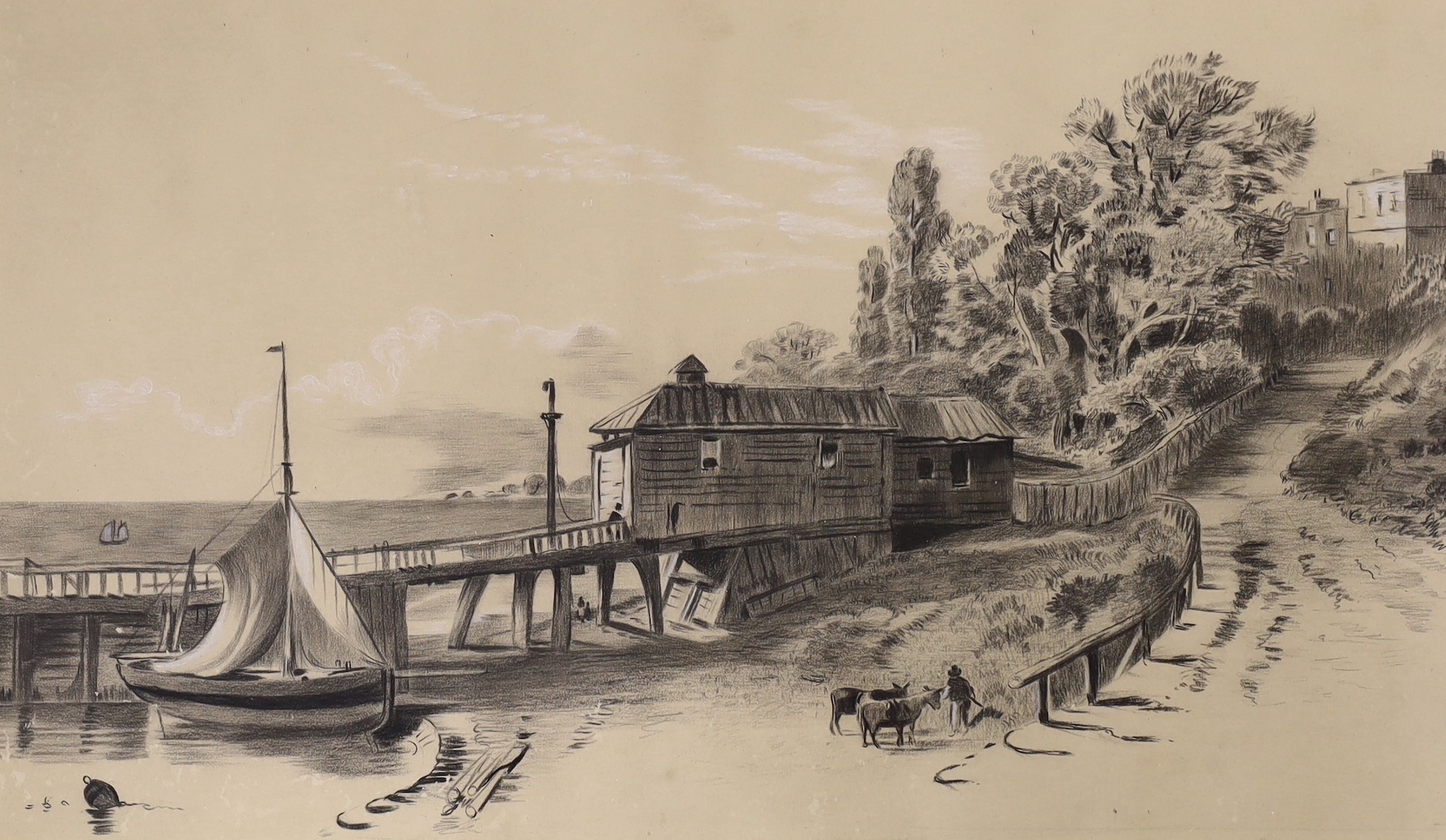 F. Price, oil on canvas, Table top still life, signed, 30 x 44cm and a monochrome drawing, Estuary scene, 26 x 45cm